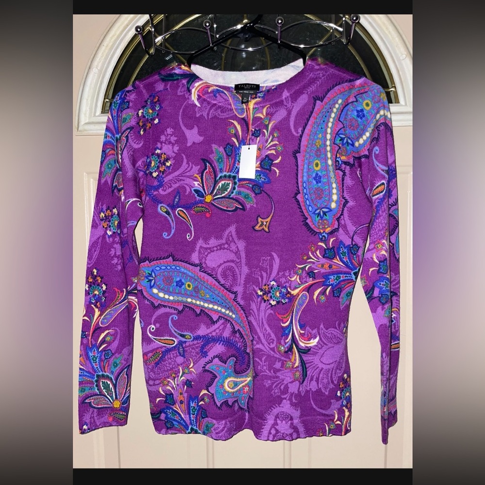 NEW WITH TAGS. TALBOTS Womans Purple Paisley Sweater 100% Merino Wool